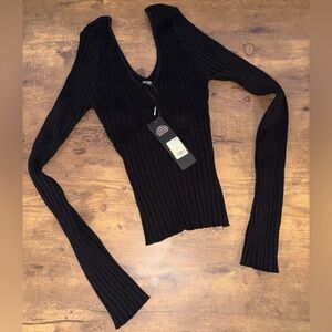 Fashion Nova Black Ribbed Knit Sweater Top V Neck